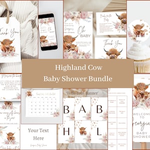 Highlander Cow Baby Shower Bundle, Highland Cow Baby Shower Sign,  Boho Highland Cow Baby Shower Invitation, Gender Neutral Cow Shower, Pink