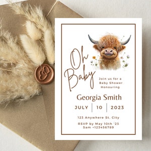 Baby Shower Highlander Cow, Baby Shower Holy Cow, Baby Shower Highland Cow do druku, Szablon zaproszenia na baby shower Daisy, Zaproszenie na słodkie krowy