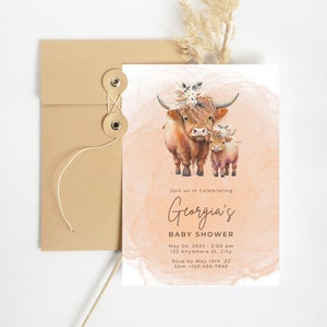Highland Cow Baby Shower Invite, Highland Cow Printable Baby Shower, Boho Highland Cow Invite for Girl, Instant Download Highland Cow