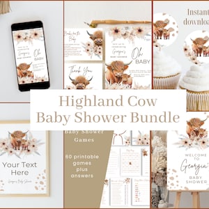 Highlander Cow Baby Shower Bundle, Highland Cow Baby Shower Sign,  Boho Highland Cow Baby Shower Invitation, Gender Neutral Cow Shower, Pink