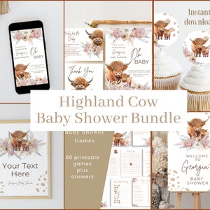 Highlander Cow Baby Shower Bundle, Highland Cow Baby Shower Sign,  Boho Highland Cow Baby Shower Invitation, Gender Neutral Cow Shower, Pink