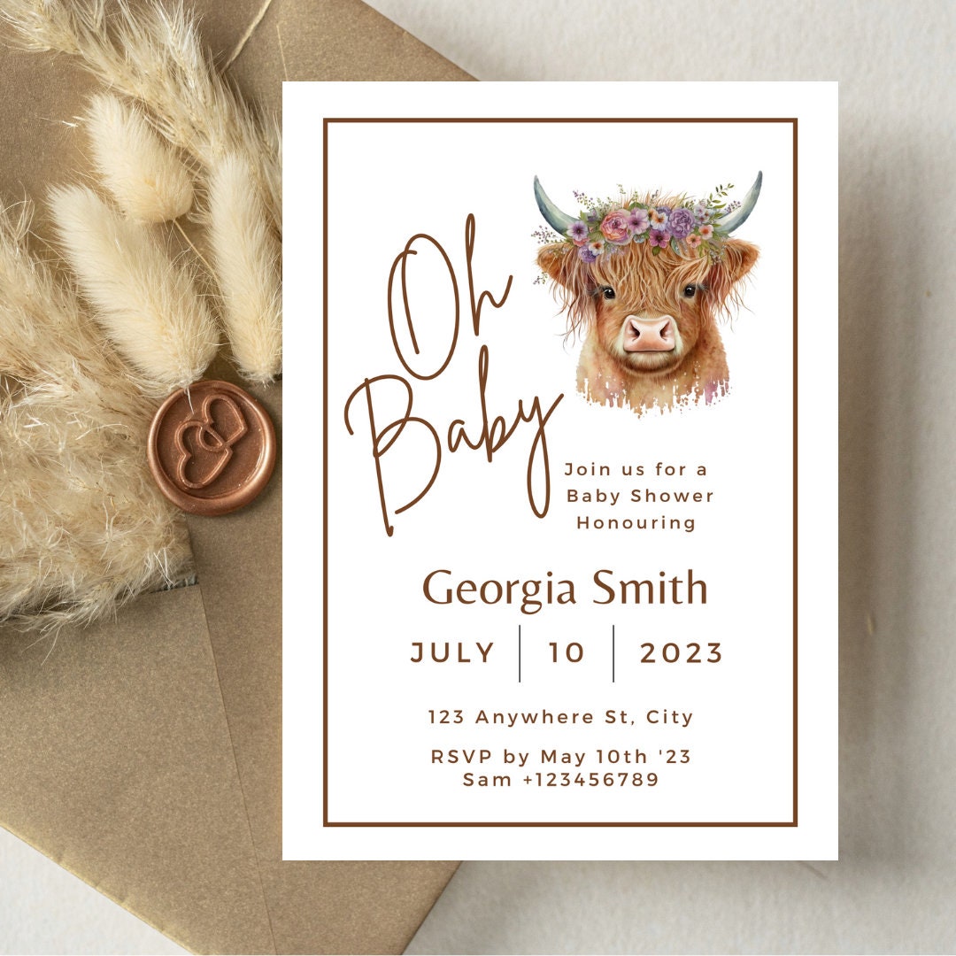 Highland Cow Invitations for Baby Shower for Girl Highland Etsy