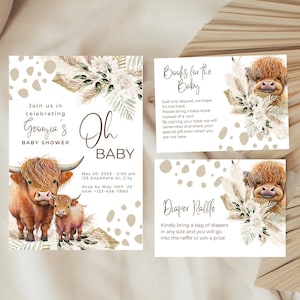 Highland Cow Baby Invitation Bundle, Boho Highland Cow Baby Shower Invites, Boy Baby Shower Invitation Highland Cow, Highland Cow Theme, HC1