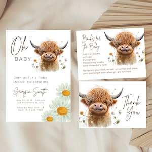 Highland Cow Daisy Baby Shower, Holy Cow Baby Shower Invite, Zaproszenie na prysznic, Edytowalny szablon Canva, Natychmiastowe pobieranie, Neutralny Baby Shower