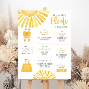 Tablero de hitos del primer cumpleaños Sunshine, letrero imprimible de hitos del primer cumpleaños de Sun, Boho Sunshine, tablero de niña del primer viaje alrededor del sol, SS1