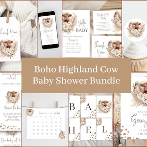 Highlander Cow Baby Shower Bundle, Highland Cow Baby Shower Sign,  Boho Highland Cow Baby Shower Invitation, Gender Neutral Cow Shower
