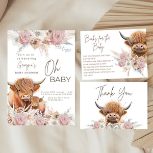 Highland Cow Baby Shower Invitation, Boho Highland Cow Baby Shower Invites, Baby Shower Invitation Girl Country, Blush Pink Baby Shower, HC3