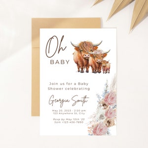 Różowe Boho Highland Cow Baby Shower Zaproszenie, Cielę, Szablon Edytowalny Online, Zwierzęta Gospodarskie, Highlander Baby Shower dla Dziewczynki, Rodeo