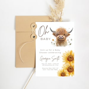 Sunflower Highland Cow Baby Shower, Boho Highland Cow Baby Shower Invitation, Baby Calf, Online Editable Template, Farm Animals, Highlander