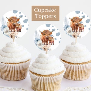 Cow Print Cupcake Toppers, Highland Cow Baby Shower, Cow Baby Shower Decorations Boy, Highland Cow Baby Shower Decorations, Blue Baby, HC2