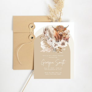Highland Cow Baby Shower Invites, Baby Highland Cow Baby Shower Invitations, Floral Cow Invitation, Instant Download, Canva Invitations