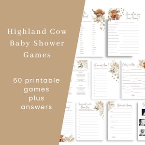 Pacchetto giochi Baby Shower Highland Cow modificabile, Pacchetto Baby Shower Highland Cow, Pacchetto giochi Bingo Baby Trivia Highland Cow, HC1