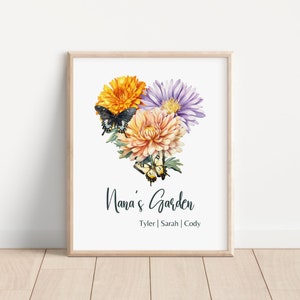 Birth Flower Family Bouquet, Custom Digital Print, Personalized Gift Mother&#39;s Day, Antique Home art, Grandmother gift Floral Family portrait