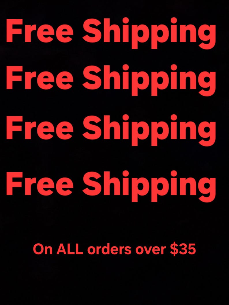 May include: A black background featuring the red text Free Shipping repeated four times in a vertical column, followed by the red text On ALL orders over $35 at the bottom of the image, providing information about order delivery terms.