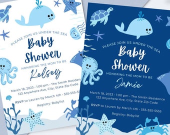 Under the Sea Baby Shower Invitation, Ocean Creatures (Digital Template)