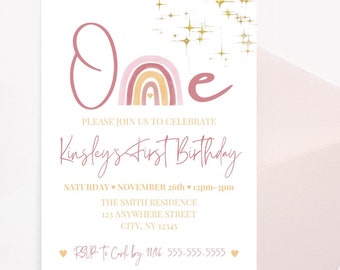 Rainbow ONEderful 1st Birthday Invitation, Customizable Template (Digital Download)