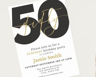50th Surprise Birthday Invitation Template, Gold and Black (Digital)