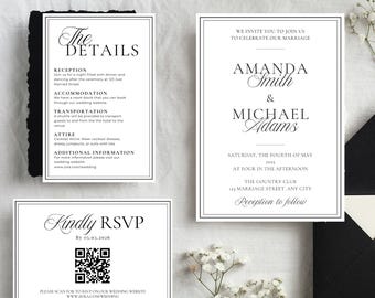 Elegant Black & White Wedding Template Suite (Canva Digital Download)  Editable Classic Wedding Invite Set, Invitation, RSVP and Detail Card