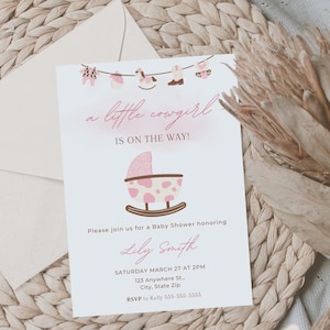 Cowgirl Baby Shower Invitation| Editable Baby Girl Shower Invitation| A Little Cowgirl Is On The Way| Western Theme Baby Shower Invite