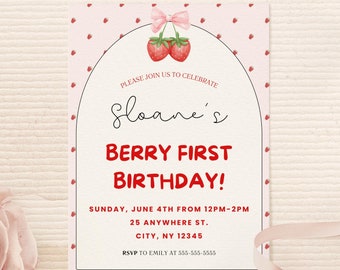 Berry First Birthday Invitation Template | Printable Fruit-Themed First Birthday Invite | Editable Digital Download | Strawberry Invitation