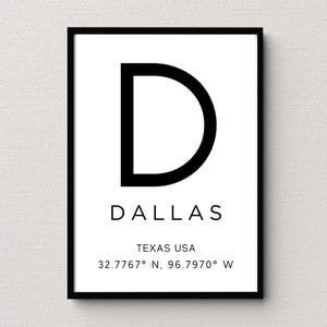 Dallas Texas Wall Art, Dallas Print, Black and White Dallas Print with Coordinates