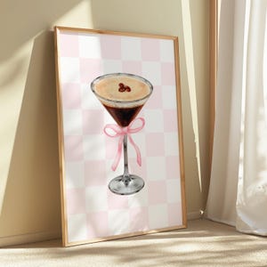 Espresso Martini Art Print | Pink Bow Martini |Instant Download| Cocktail Poster |Bar Cart Decor|Chic Wall Art|Pink Checkered Wall Art|Retro