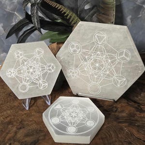 Selenite Metatron Crystal Grid Plate: Sacred Geometry Altar Tool