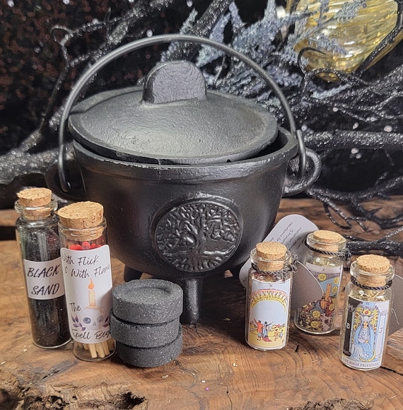 Witch Cauldron Starter Kit: Cast Iron Cauldron ,Herbs, Crystals and Ritual Tools