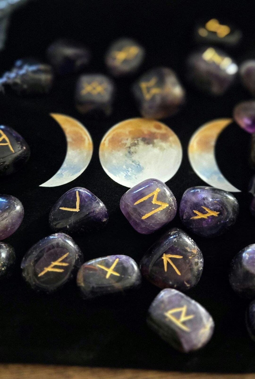 Ruby Moon Remy Rune Amethyst Rune Set With Triple Moon Bag – Crystal Runes for Divination ...