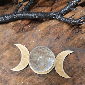 Clear Quartz Crystal Ball with Engraved Wood Stand | Triple Moon or Moon Phase Base | Scrying Sphere | Altar Decor | Witchy Gift