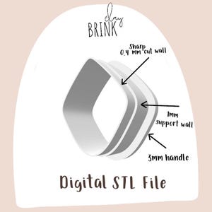 May include: A digital STL file for a 3D printed square ring with a 0.4 mm sharp cut wall, 1 mm support wall, and 3 mm handle. The file is for use with a 3D printer.