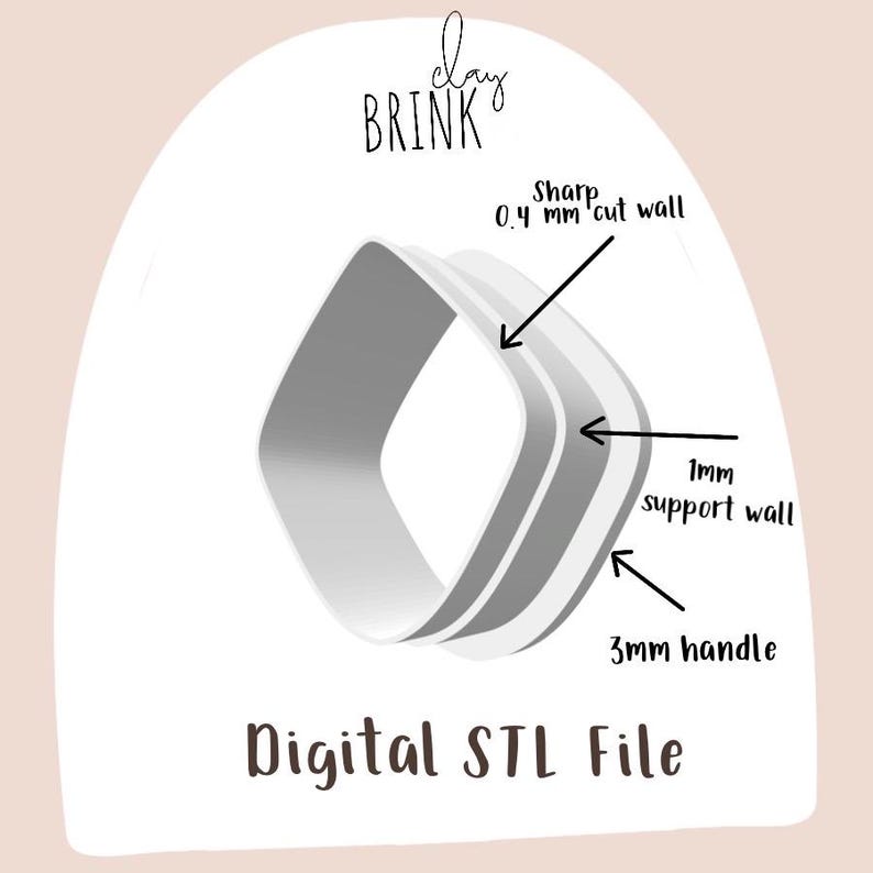 May include: A digital STL file for a 3D printed square ring with a 0.4 mm sharp cut wall, 1 mm support wall, and 3 mm handle. The file is for use with a 3D printer.