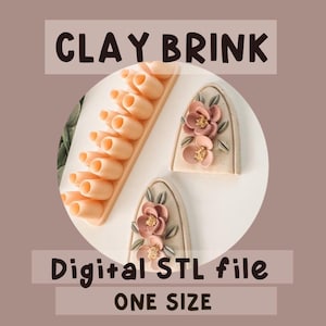 May include: Image of clay art tools and floral designs. The image features a tool with multiple cylindrical shapes and two floral designs with pink and beige flowers. The text "CLAY BRINK", "Digital STL file", and "ONE SIZE" are also visible.