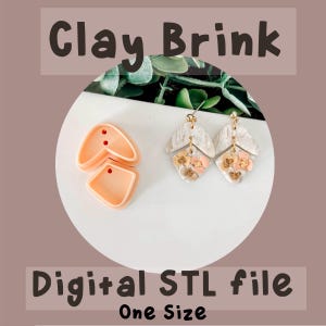 May include: A digital STL file for 3D printing a pair of earrings. The earrings are made of white clay with a textured surface and feature a floral design with pink and gold accents. The image also shows a mold for the earrings, which is made of pink plastic.
