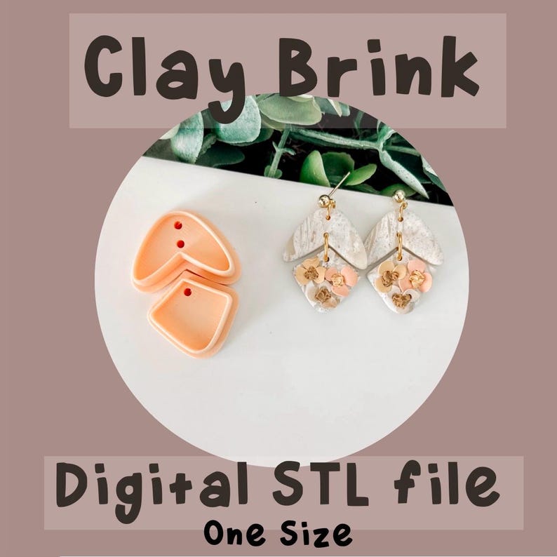 May include: A digital STL file for 3D printing a pair of earrings. The earrings are made of white clay with a textured surface and feature a floral design with pink and gold accents. The image also shows a mold for the earrings, which is made of pink plastic.