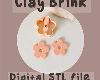 May include: A peach-colored flower-shaped clay cutter and two matching clay flowers. The cutter has a handle and a hole in the center. The text "Clay Brink" and "Digital STL file" are displayed. The sizes are 1 inch, 1.25 inches, and 1.5 inches.