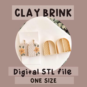 May include: Image features handmade clay earrings with floral designs and matching clay cutters. The earrings are beige with yellow flowers and striped and textured patterns. The text "CLAY BRINK", "Digital STL file", and "ONE SIZE" are also visible.