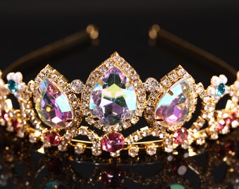 Diadème Couronne Raiponce Couronne Princesse Couronne AB Coiffe De Pierres Précieuses Colorées Filles Halloween Accessoires De Cheveux Filles Chapeaux De Mariage De Mariée