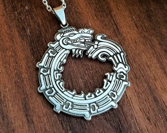 Aztec Quetzalcoatl Ouroboros Necklace | 925 Sterling Silver | Mayan Snake Pendant | Aztec Sign Pendant