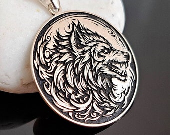 Sterlingzilveren ketting wolfskop | Gepersonaliseerde handgemaakte hanger