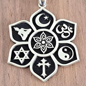 Interfaith Silver Necklace | Religious Symbols | Multi-Faith Jewelry with Christian Islamic Jewish Hindu Buddhist Yin Yang | Spiritual Gift