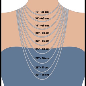Op de afbeelding: Diagram met verschillende kettinglengtes in inches en centimeters. De lengtes vari&euml;ren van 14 inch tot 30 inch, met overeenkomstige metingen in centimeters.
