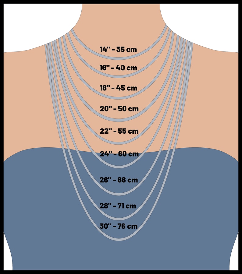 Op de afbeelding: Diagram met verschillende kettinglengtes in inches en centimeters. De lengtes vari&euml;ren van 14 inch tot 30 inch, met overeenkomstige metingen in centimeters.