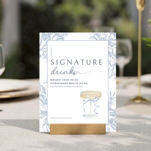Minimalist Wedding Sign, Outdoor Wedding Sign, Blue Floral Signature Drinks Bar Template, Modern Sign, Editable Template, Digital, G20, 1