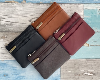 Leather Mini Coin Purse - Zipper Handmade & Fair-Trade Leather Coin Pouch for Women with Credit card Slots, Key Ring