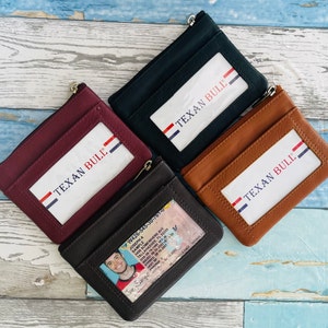 Monedero pequeño de cuero: monedero de cuero de comercio justo hecho a mano con cremallera para mujer con ranuras para tarjetas de crédito, llavero y ventana para identificación
