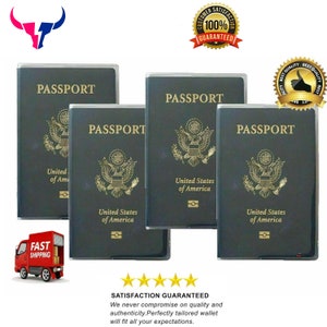 May include: Four clear passport holders with the text "PASSPORT" and "United States of America" printed on the front. The holders are arranged in a row, with the top two holders slightly overlapping the bottom two holders.