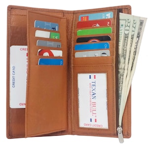Cartera unisex con funda larga de cuero de vaca para chequera para hombres y mujeres, tarjetero largo con capacidad para hasta 5 tarjetas de crédito, chequera, identificación y efectivo