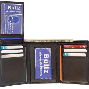 Billeteras de cuero genuino de vaca hechas a mano con bloqueo RFID, billetera delgada de tres pliegues para hombres con 8 ranuras para tarjetas de crédito y 2 ventanas para identificación personalizadas