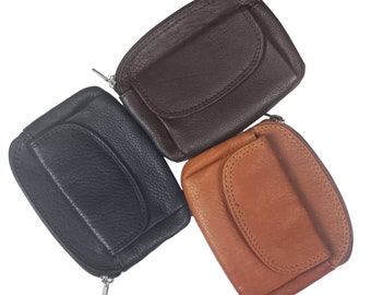 Leather Coin Purse - Zipper Handmade & Fair-Trade Leather Coin Pouch for Women with Key Ring with SNAP Button Lock